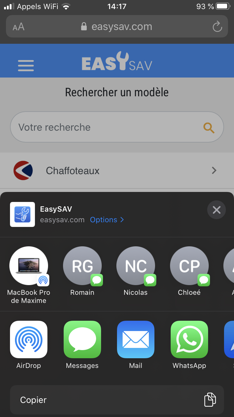 Menu des options rapides de partage Apple