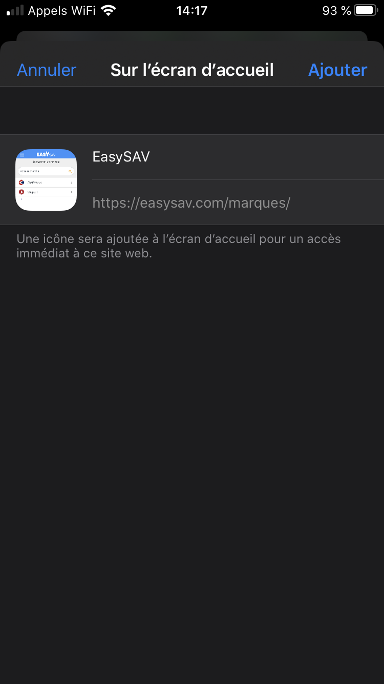 Menu d'ajout sur l'écran d'accueil